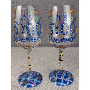 Lolita Love My Wine Glasses "It's 5:00 Somewhere" Hand Painted Set of 2 READ